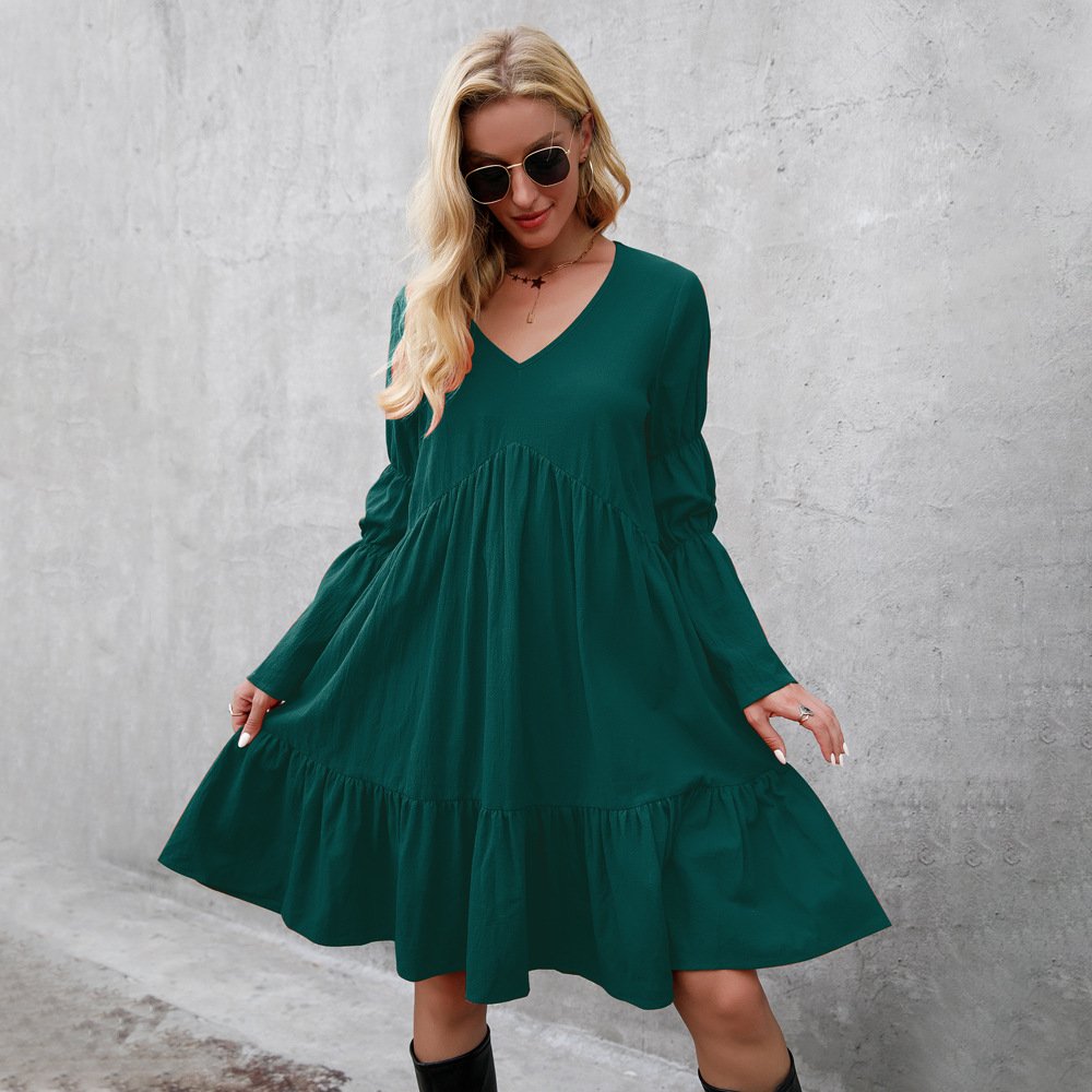 Fashion Boho Solid Color Balloon Sleeve Lace Up Dress Ladies Resort Style Ruffled Pleated Dress