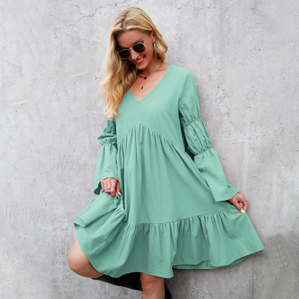 Fashion Boho Solid Color Balloon Sleeve Lace Up Dress Ladies Resort Style Ruffled Pleated Dress