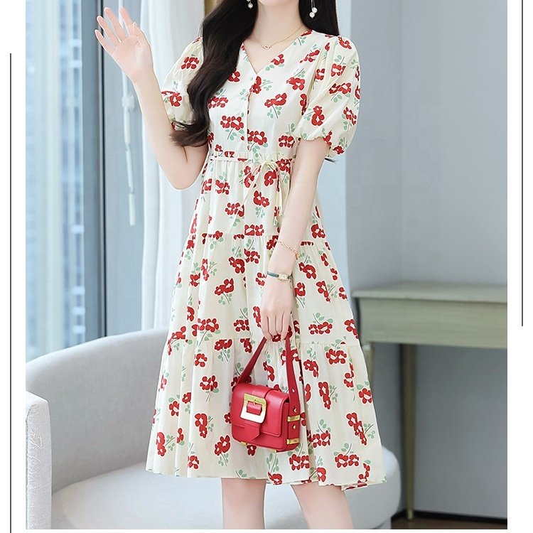 Summer Fashion Korean Women Midi Dresses Bubble Sleeve A-line Floral dress Advanced Apparel Dresses for women