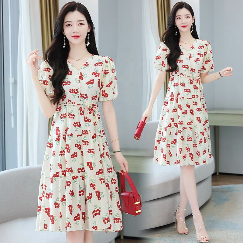 Summer Fashion Korean Women Midi Dresses Bubble Sleeve A-line Floral dress Advanced Apparel Dresses for women