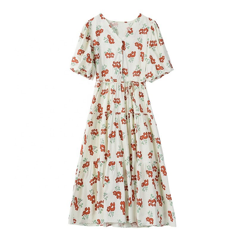 Summer Fashion Korean Women Midi Dresses Bubble Sleeve A-line Floral dress Advanced Apparel Dresses for women