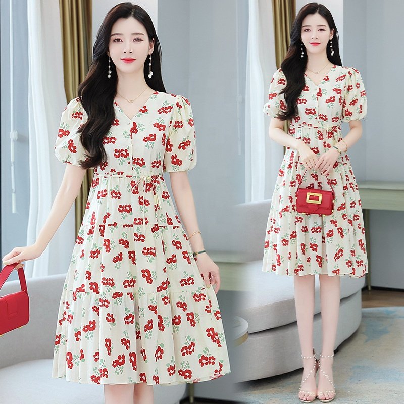 Summer Fashion Korean Women Midi Dresses Bubble Sleeve A-line Floral dress Advanced Apparel Dresses for women