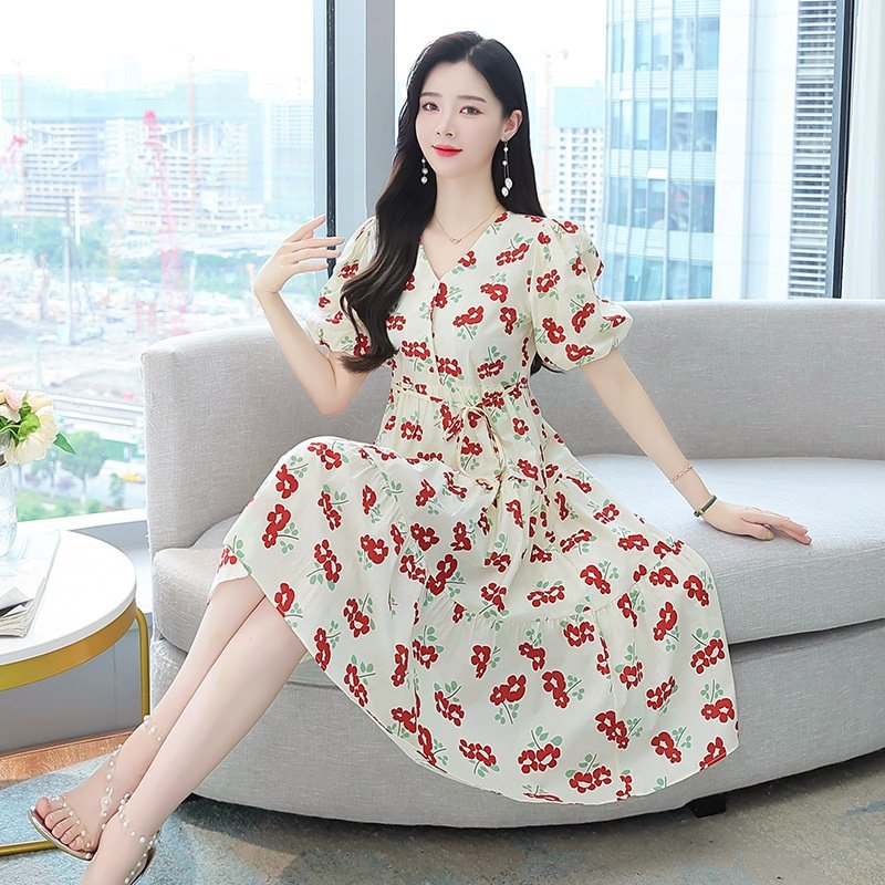 Summer Fashion Korean Women Midi Dresses Bubble Sleeve A-line Floral dress Advanced Apparel Dresses for women