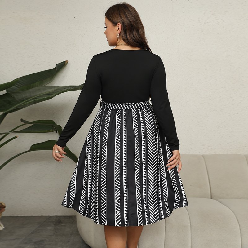 2023 Spring Autumn Trendy Black A-line Casual Dresses Plus Size Women's Clothing Casual Elegant Long Sleeve Printed Midi Dress