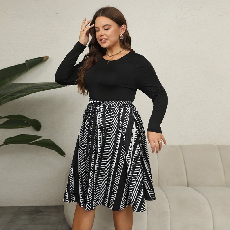 2023 Spring Autumn Trendy Black A-line Casual Dresses Plus Size Women's Clothing Casual Elegant Long Sleeve Printed Midi Dress