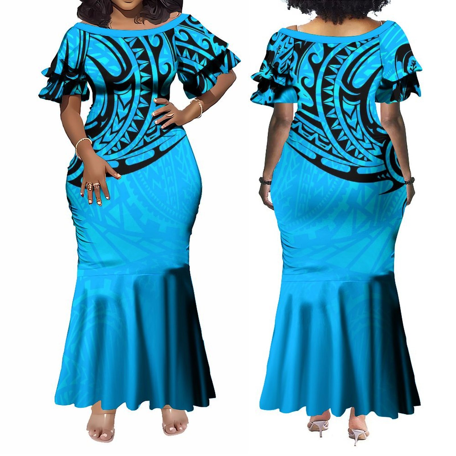 New Hot Sales Women Lady Elegant Double Ruffle Flare Sleeve Fishtail Dress Polynesian Evening Dress Bodycon Long Casual Dresses