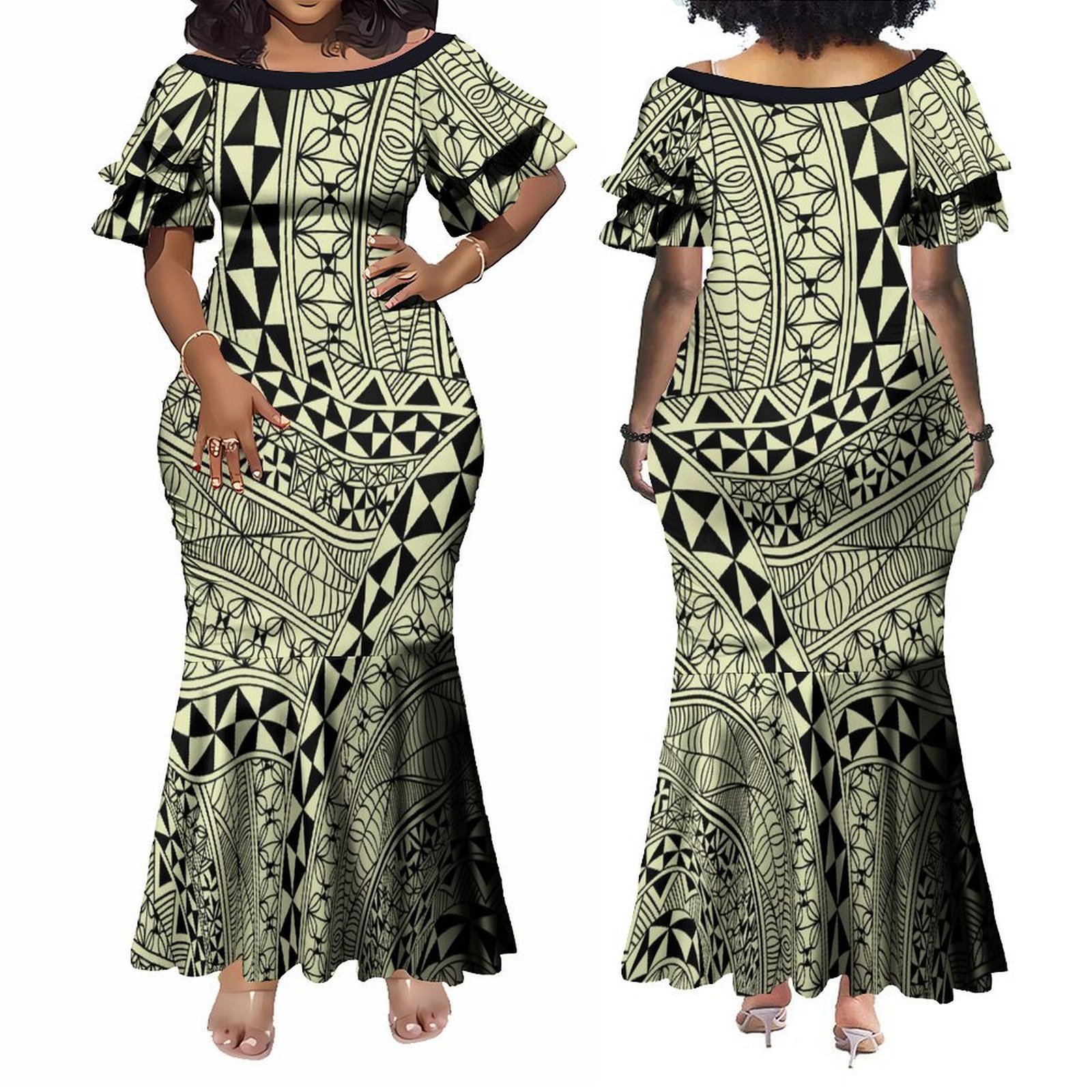 New Hot Sales Women Lady Elegant Double Ruffle Flare Sleeve Fishtail Dress Polynesian Evening Dress Bodycon Long Casual Dresses
