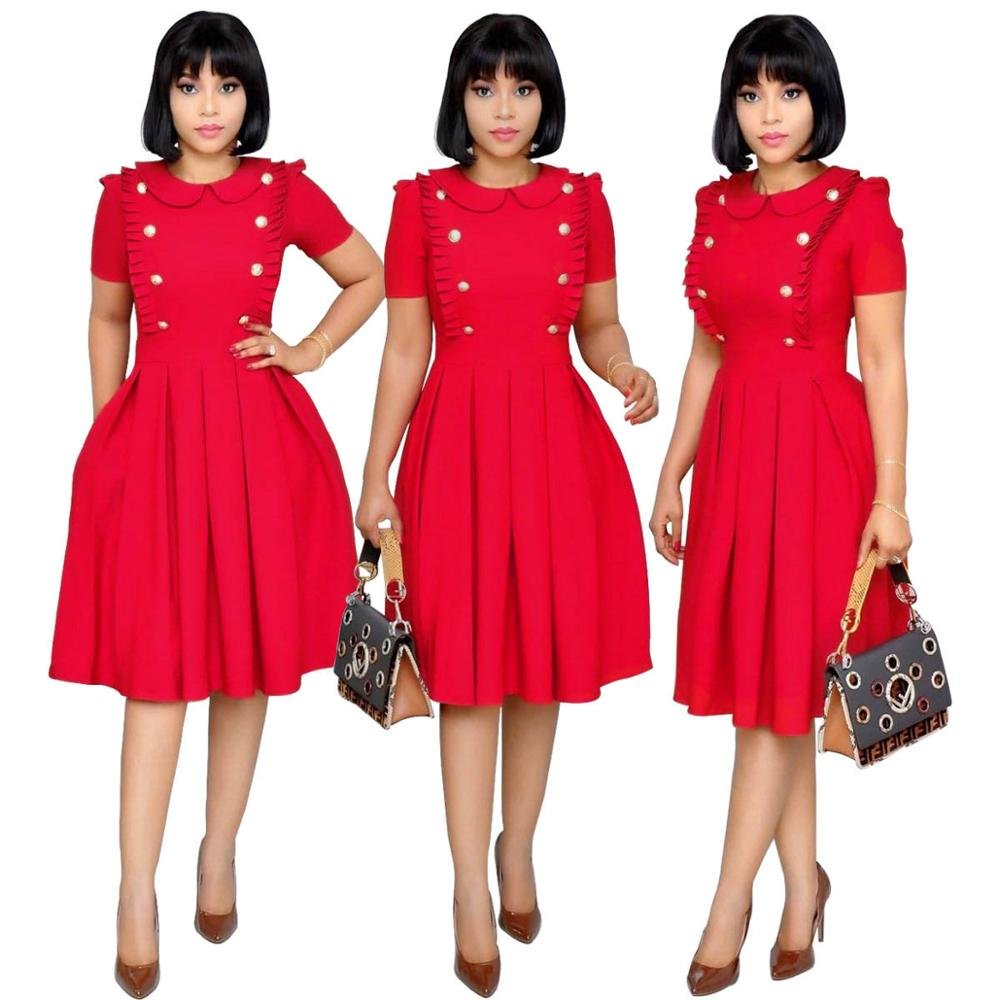 Plus Size Lady Fashion OL Style Short Sleeve Casual Pleated Dress