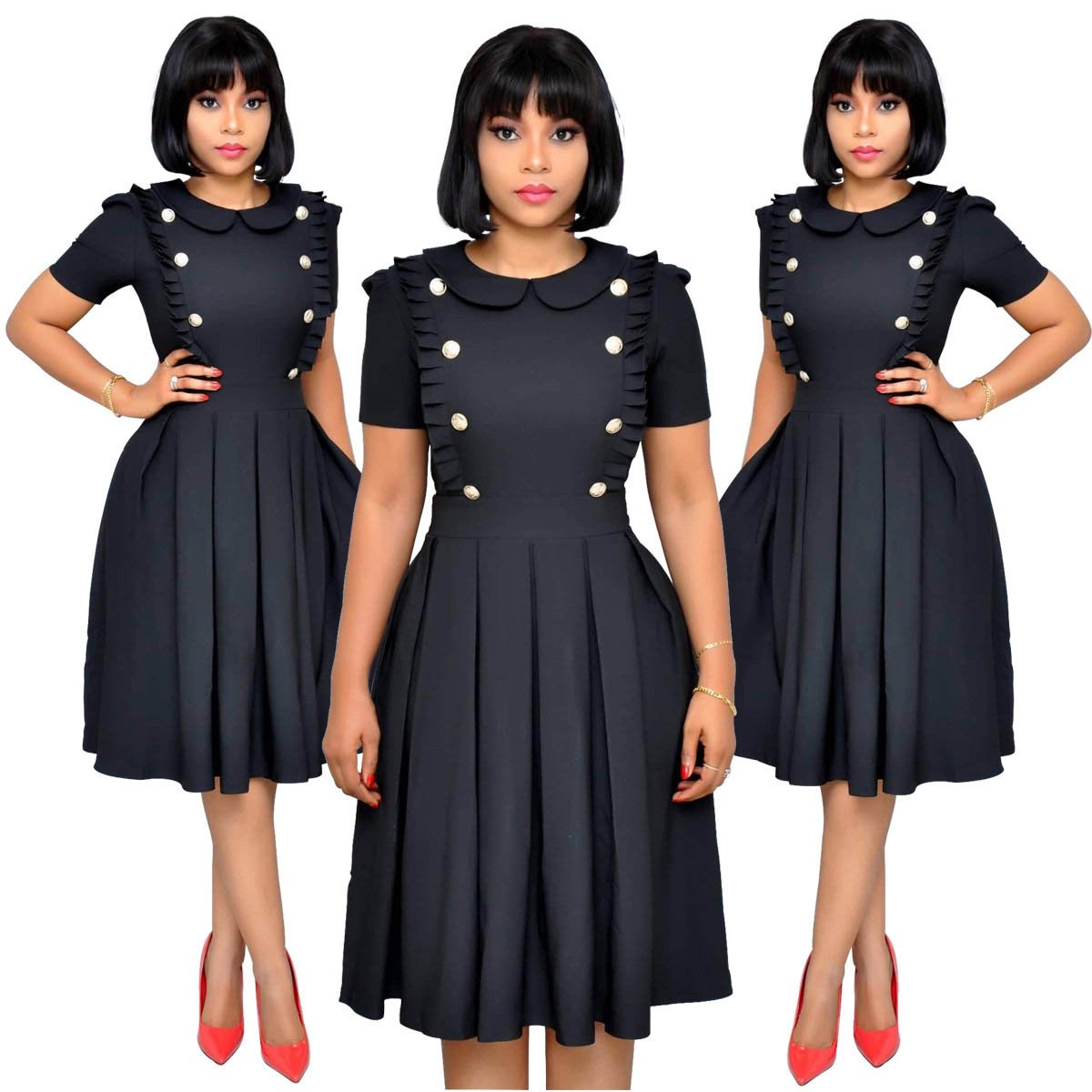 Plus Size Lady Fashion OL Style Short Sleeve Casual Pleated Dress