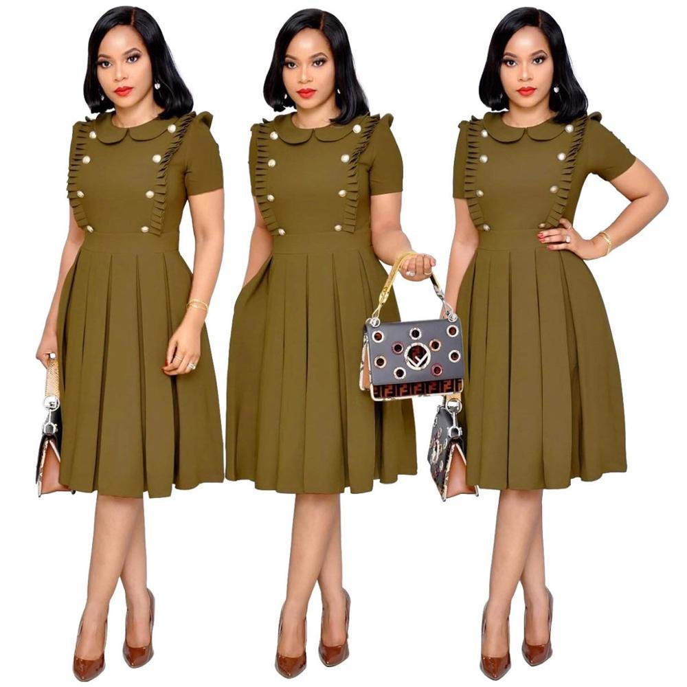 Plus Size Lady Fashion OL Style Short Sleeve Casual Pleated Dress