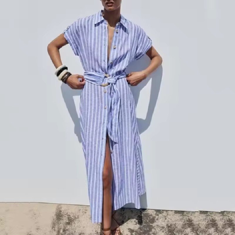 2024 Spring Summer Women's Fashion Shirt Long Dresses Wholesale Hot Temperament Elegant Striped Linen Blend Loose Casual Dresses