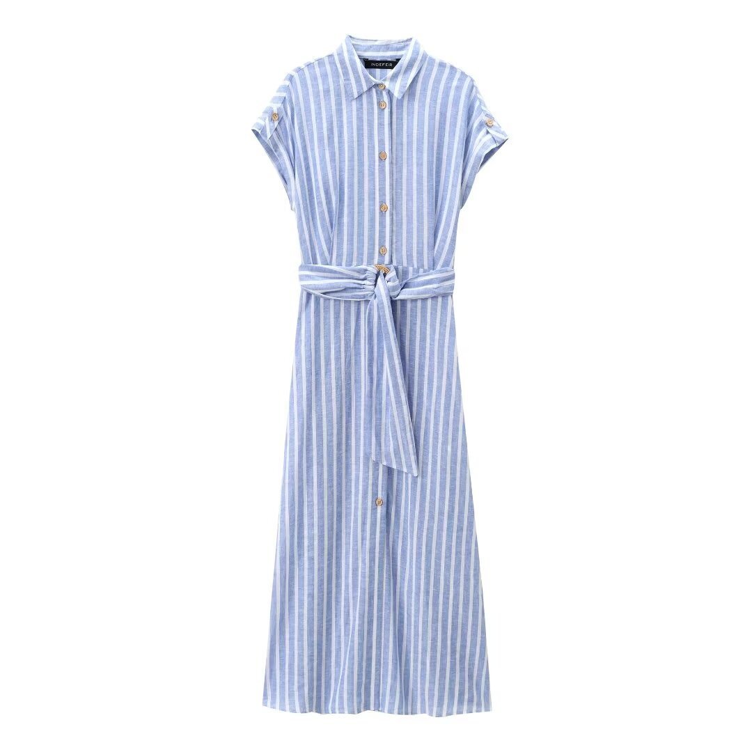 2024 Spring Summer Women's Fashion Shirt Long Dresses Wholesale Hot Temperament Elegant Striped Linen Blend Loose Casual Dresses