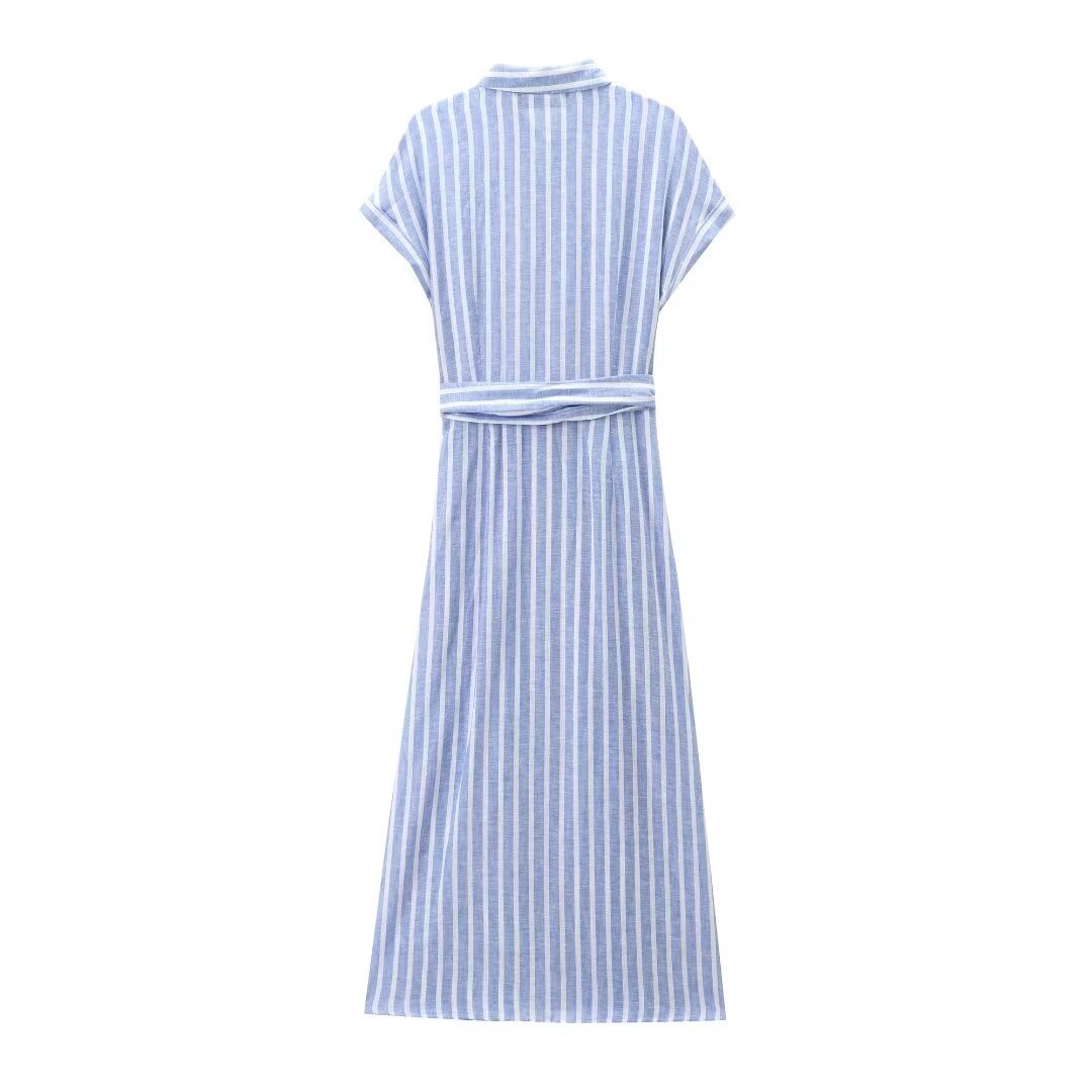 2024 Spring Summer Women's Fashion Shirt Long Dresses Wholesale Hot Temperament Elegant Striped Linen Blend Loose Casual Dresses