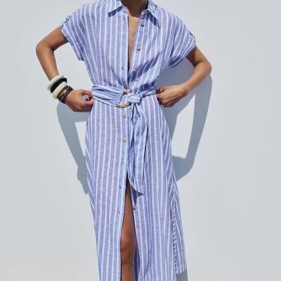 2024 Spring Summer Women's Fashion Shirt Long Dresses Wholesale Hot Temperament Elegant Striped Linen Blend Loose Casual Dresses