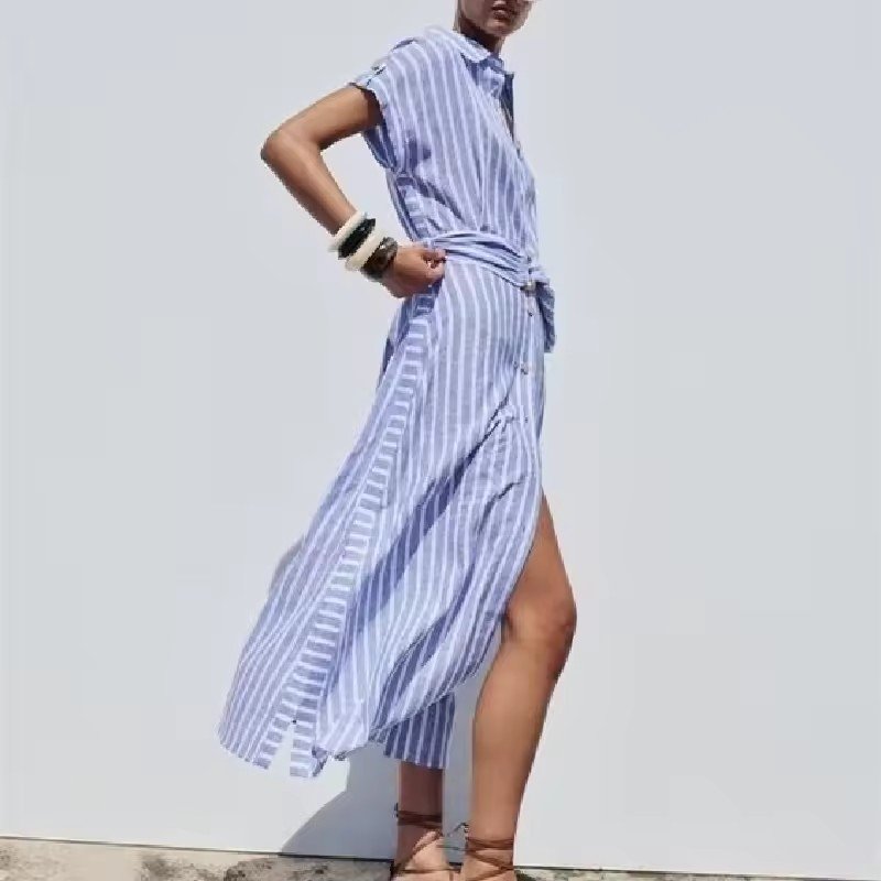 2024 Spring Summer Women's Fashion Shirt Long Dresses Wholesale Hot Temperament Elegant Striped Linen Blend Loose Casual Dresses