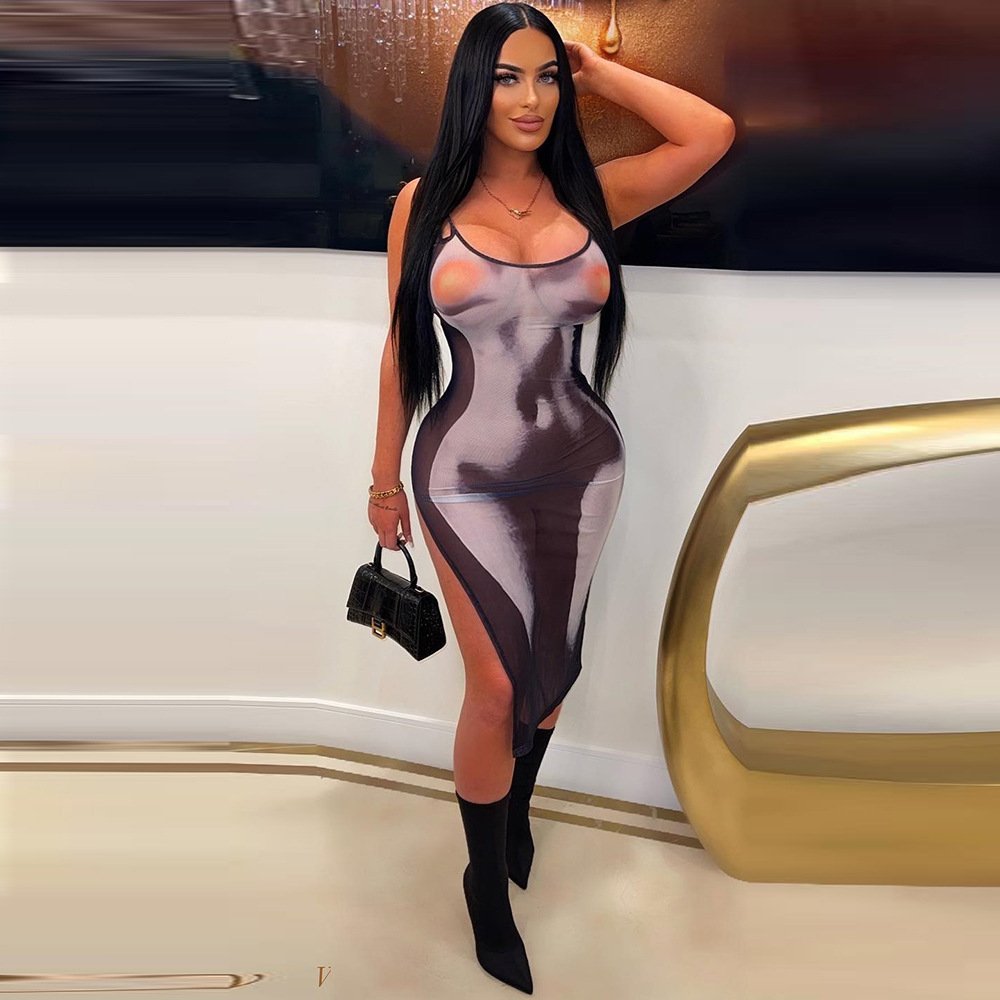 Wholesale clothing summer spaghetti strip bodycon dress fashion casual high slit midi dresses women