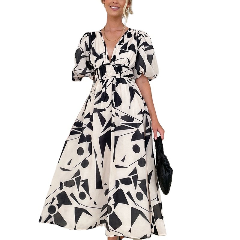 Hot women long dress Printing Casual Dresses Puff Sleeve Elegant Summer Wholesale Clothing