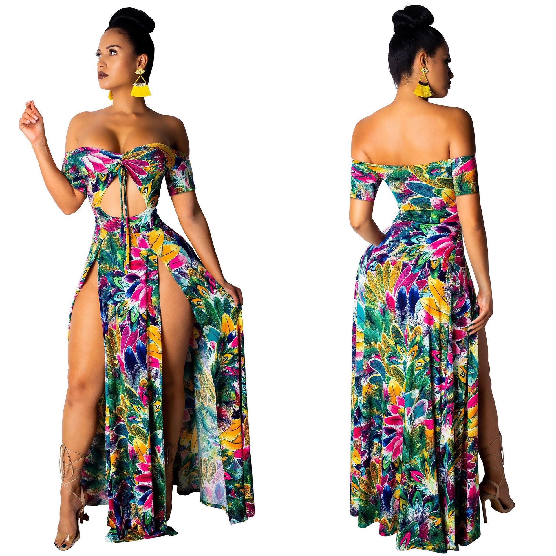 2022 QUFENG Summer New Size Large Length Solid Short Sleeve Skirt Over Knee Women'S Dress