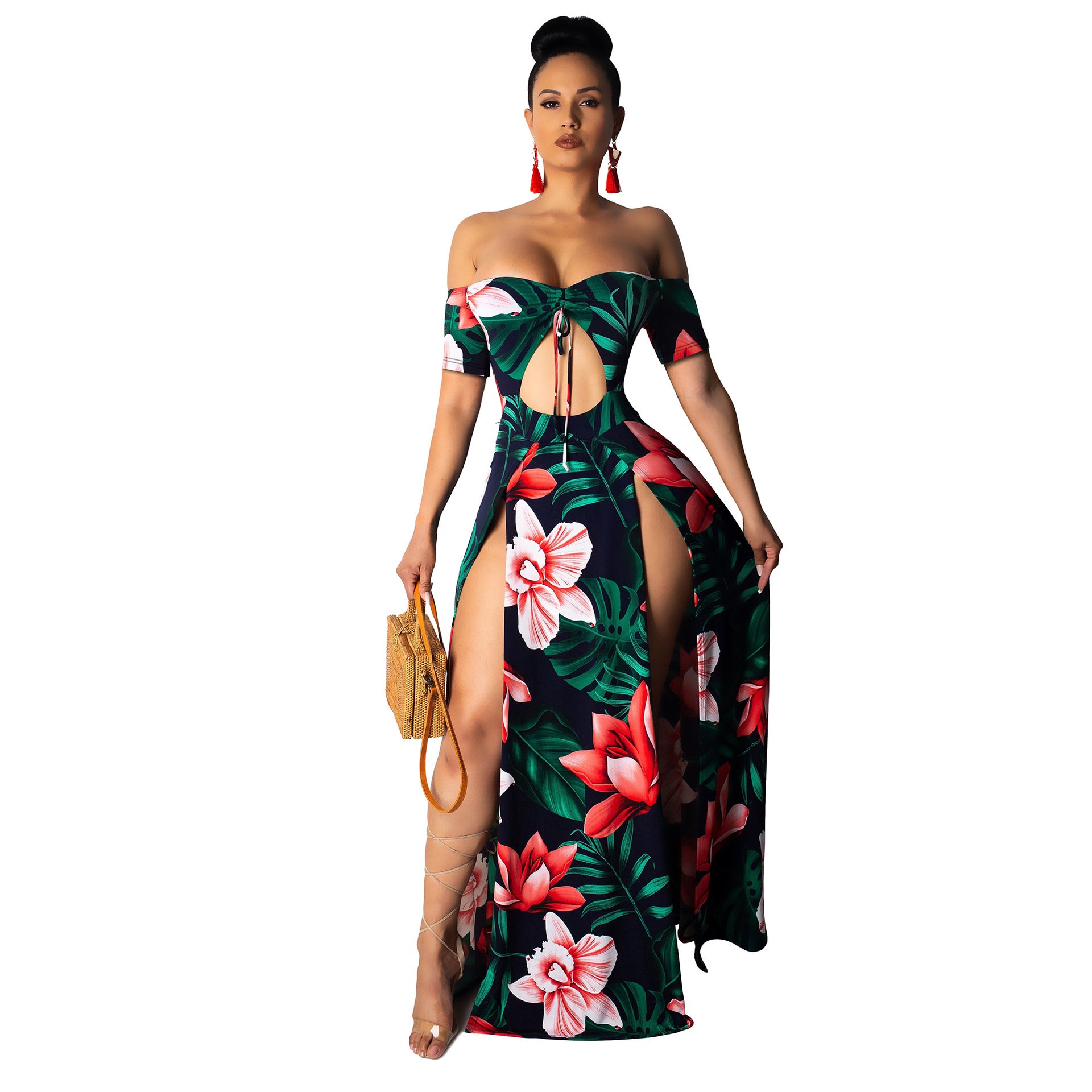 2022 QUFENG Summer New Size Large Length Solid Short Sleeve Skirt Over Knee Women'S Dress