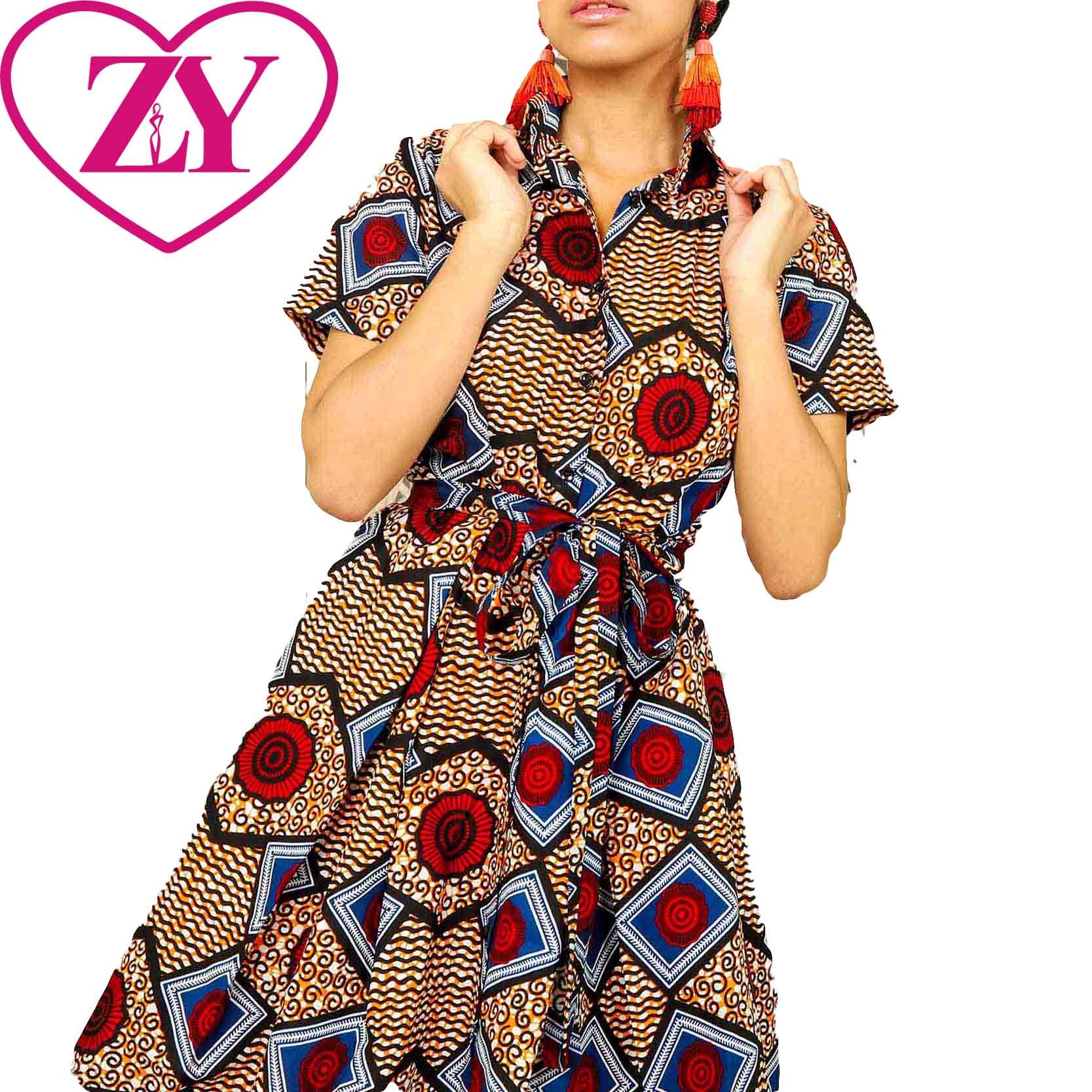 African Cotton Print Casual Custom Design Short Sleeve Shirt A-line Shirt Dress