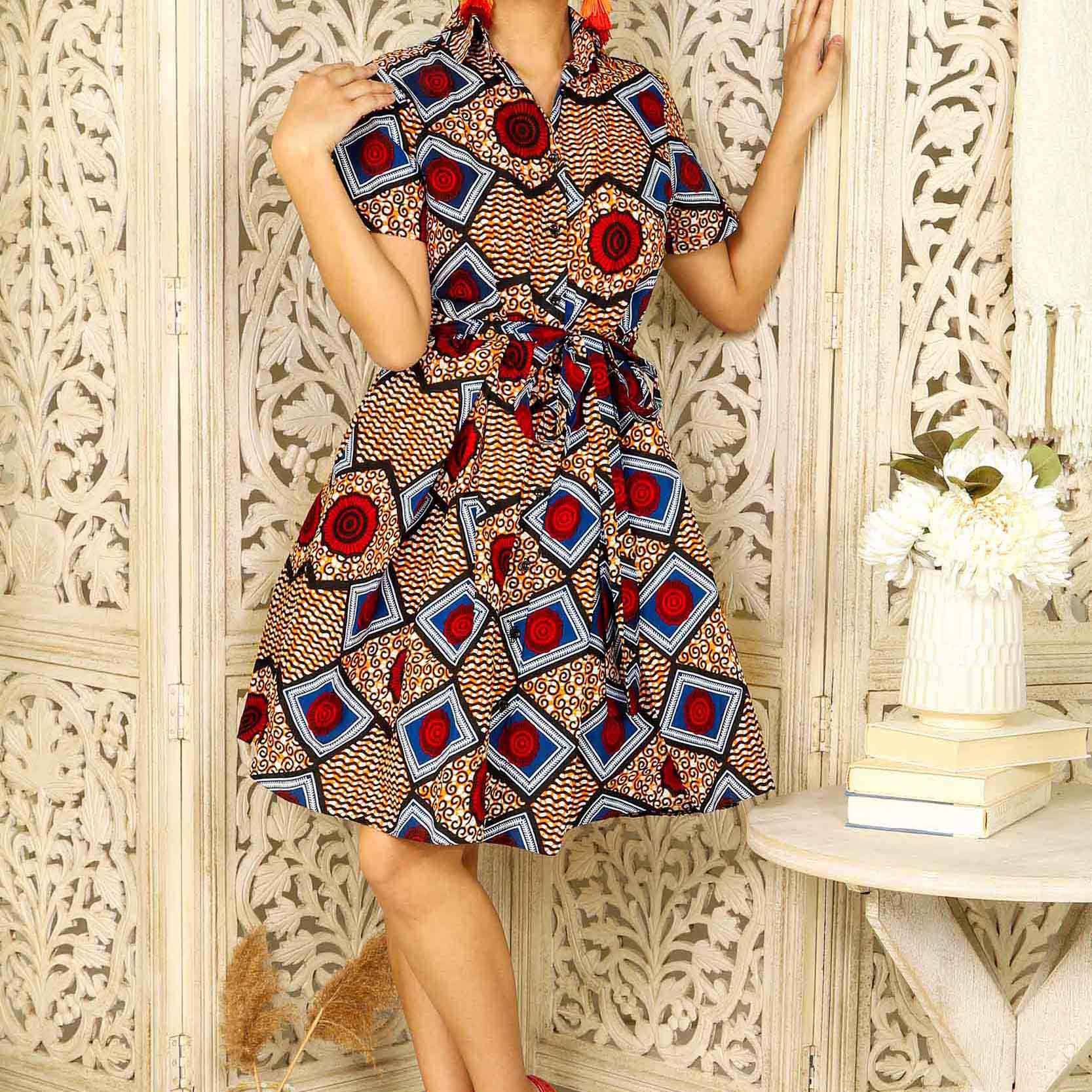 African Cotton Print Casual Custom Design Short Sleeve Shirt A-line Shirt Dress