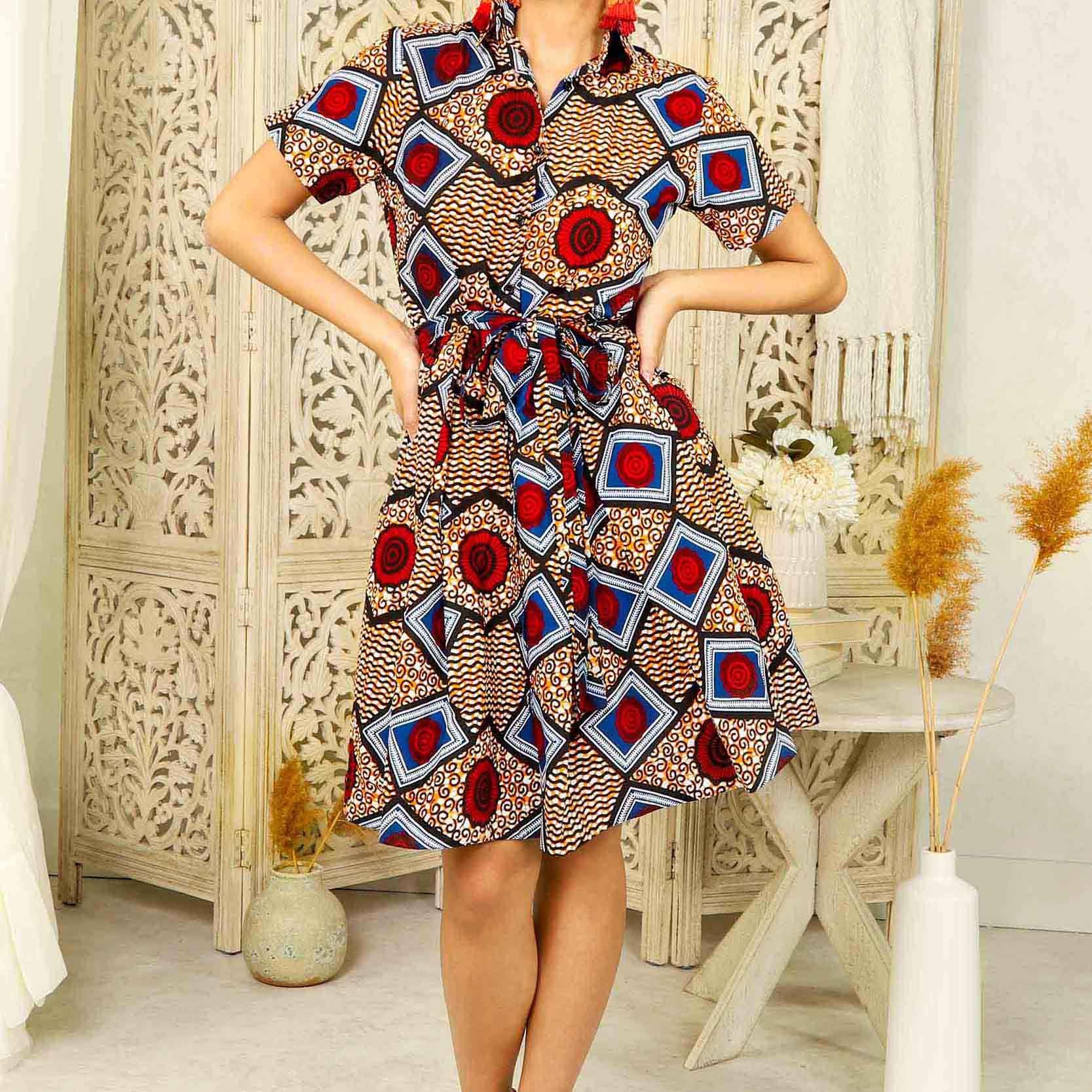 African Cotton Print Casual Custom Design Short Sleeve Shirt A-line Shirt Dress