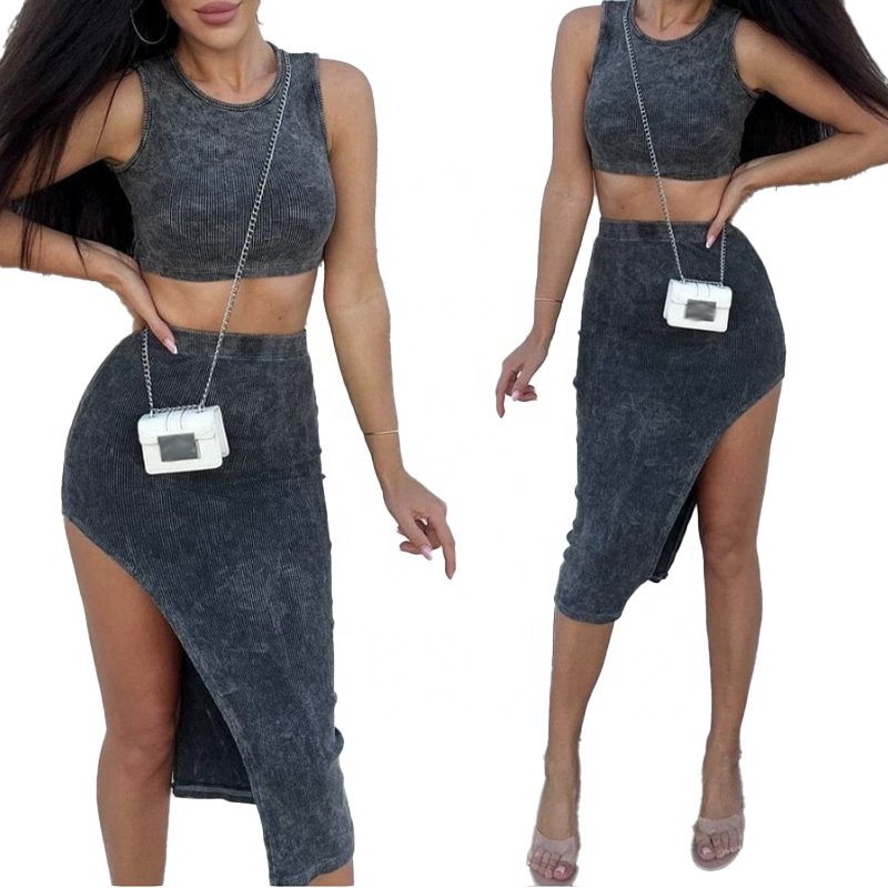 KY Women's Sexy High Slit Knitted Skirt Suit Acid Wash Casual Dresses 2 Pieces