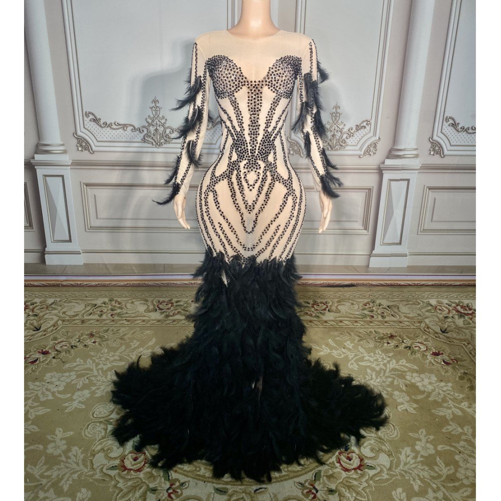 Celebrity Crew Neck Casual Diamond Embellished Long Sleeve Sheath Maxi Dress Elegant Feather Floor Length Party Evening Dress