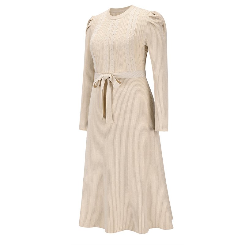 Spring and autumn new bubble long-sleeved knit dress mid-length temperament is thin and high-waisted big swing dress