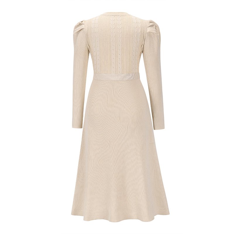 Spring and autumn new bubble long-sleeved knit dress mid-length temperament is thin and high-waisted big swing dress