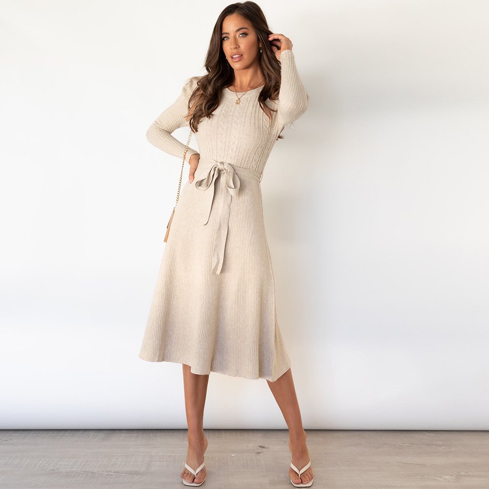 Spring and autumn new bubble long-sleeved knit dress mid-length temperament is thin and high-waisted big swing dress