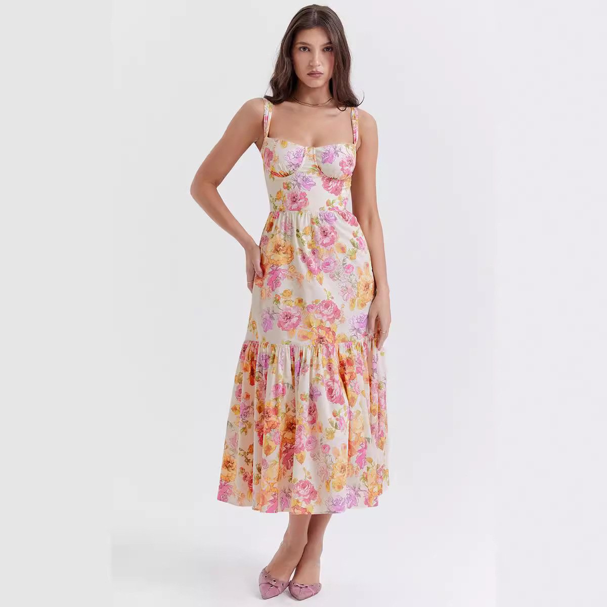 High Quality Floral Women Dress Suspender Solid Color A Line Floral Cake Beach Lady Dress