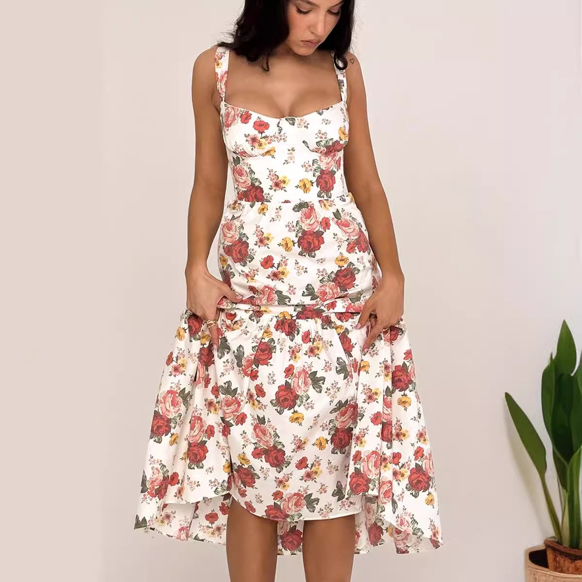 High Quality Floral Women Dress Suspender Solid Color A Line Floral Cake Beach Lady Dress