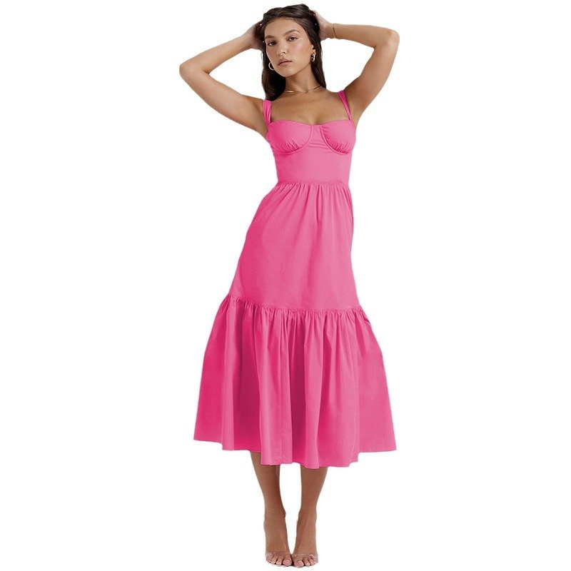 High Quality Floral Women Dress Suspender Solid Color A Line Floral Cake Beach Lady Dress