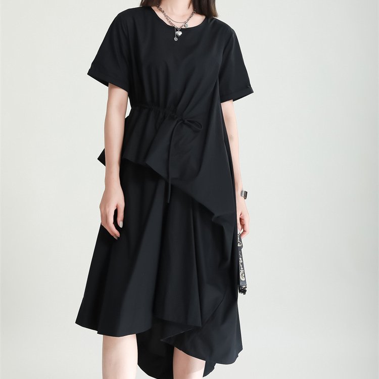 Casual Dresses Women Summer New Irregular Dress Loose Drawstring Short-Sleeved Large Swing Mid-Length Dress