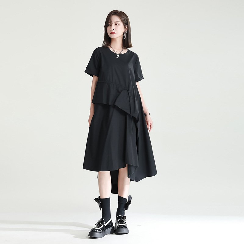 Casual Dresses Women Summer New Irregular Dress Loose Drawstring Short-Sleeved Large Swing Mid-Length Dress