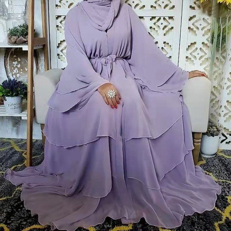 Dubai Turkey Arab Oman Elegant Chiffon Kimono for Women Muslim Solid Color 3 Layers Open Islamic Clothing Muslim Dresses Abaya