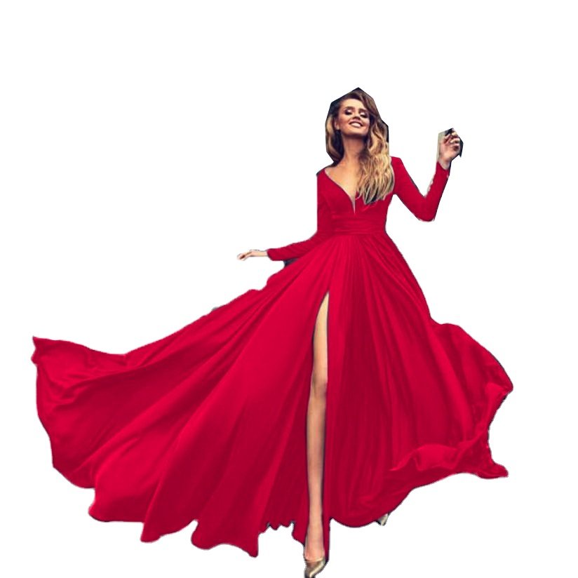 Evening Elegant Lady Long Sleeve V-neck Maxi Ladies Long Women Dresses Vestidos Casual Dress