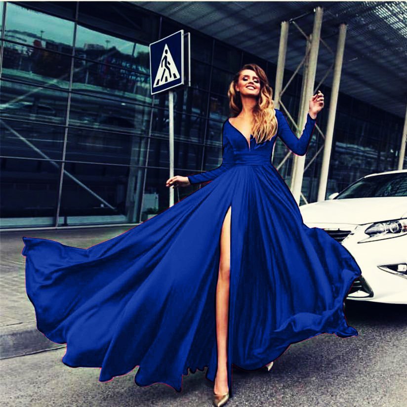 Evening Elegant Lady Long Sleeve V-neck Maxi Ladies Long Women Dresses Vestidos Casual Dress