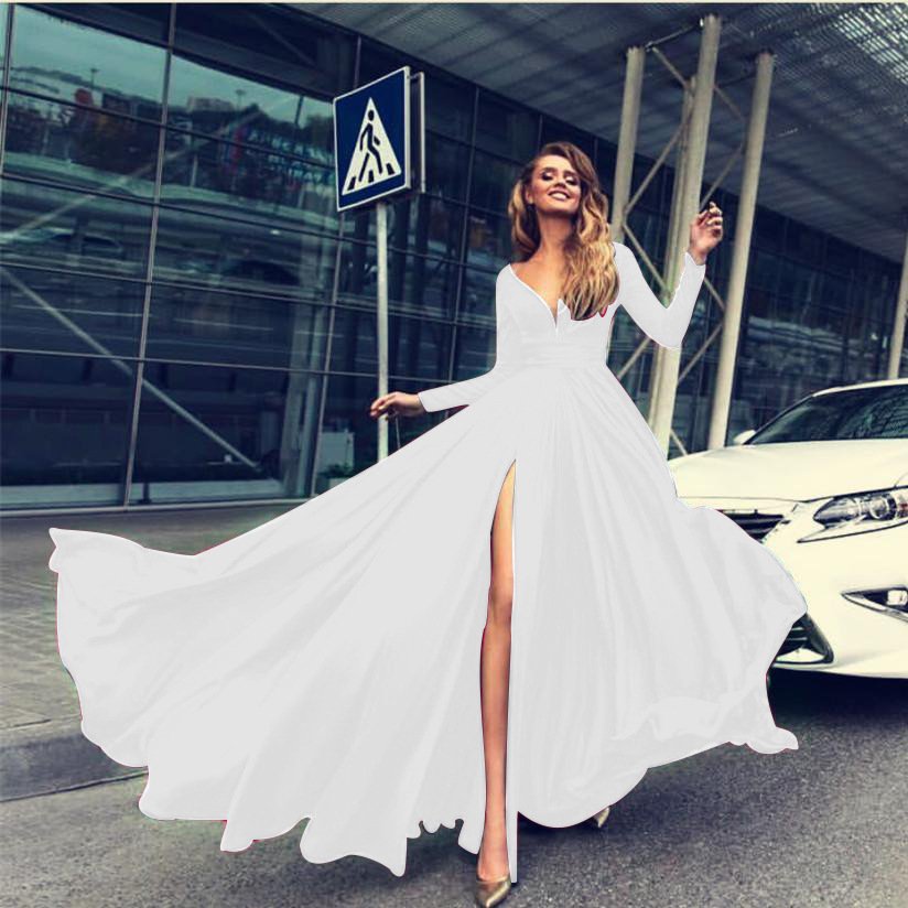 Evening Elegant Lady Long Sleeve V-neck Maxi Ladies Long Women Dresses Vestidos Casual Dress