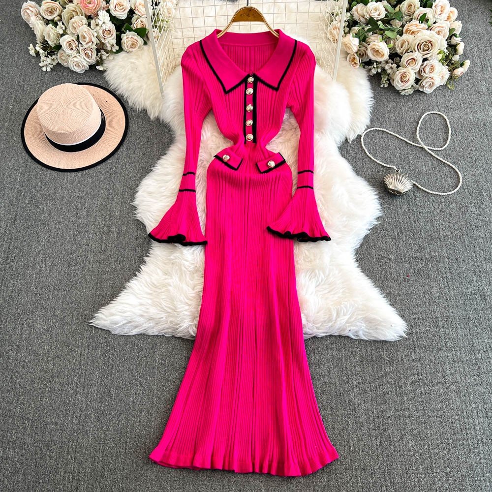 Winter New Polo Collar Knit Dresses Women'S Long Sleeve Fashion Sweater Casual Dresses