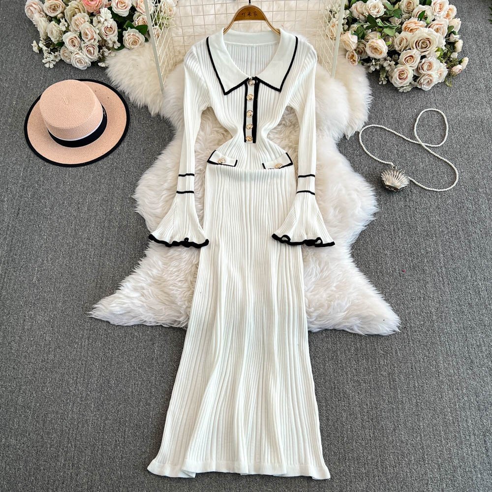 Winter New Polo Collar Knit Dresses Women'S Long Sleeve Fashion Sweater Casual Dresses
