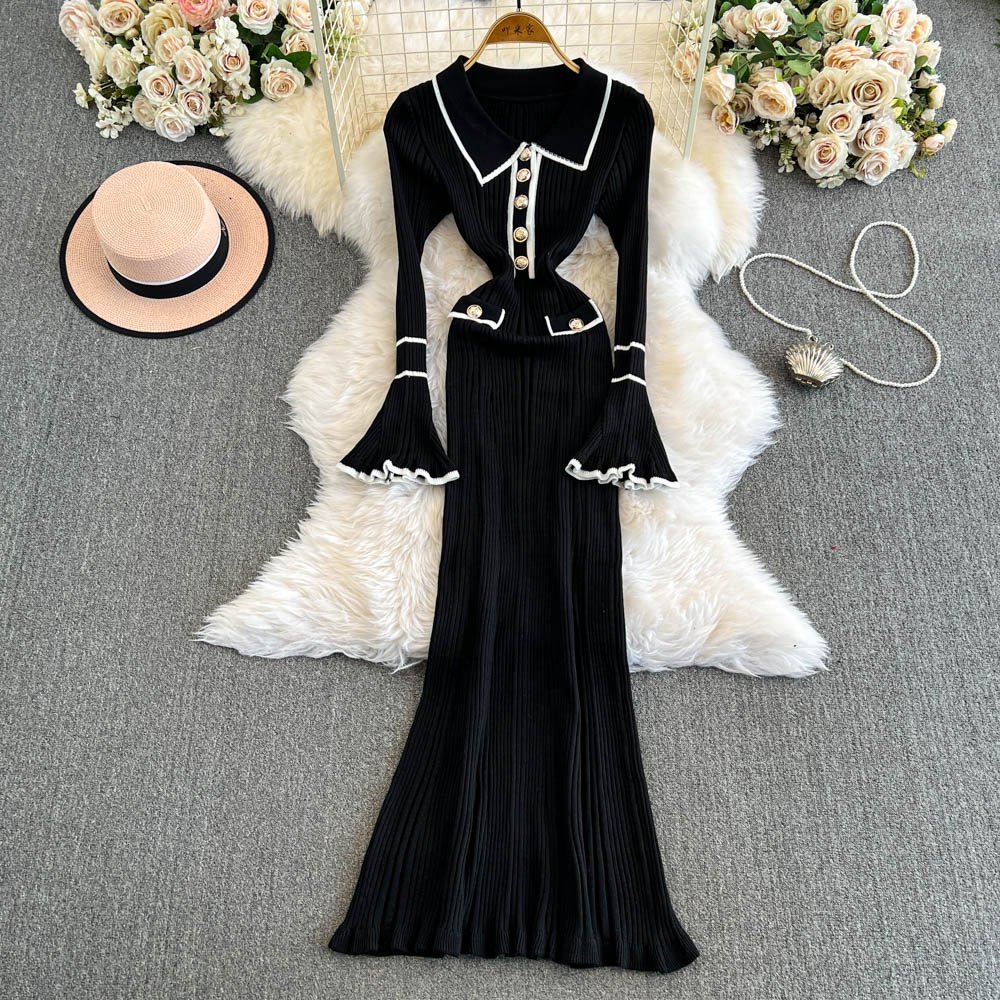 Winter New Polo Collar Knit Dresses Women'S Long Sleeve Fashion Sweater Casual Dresses