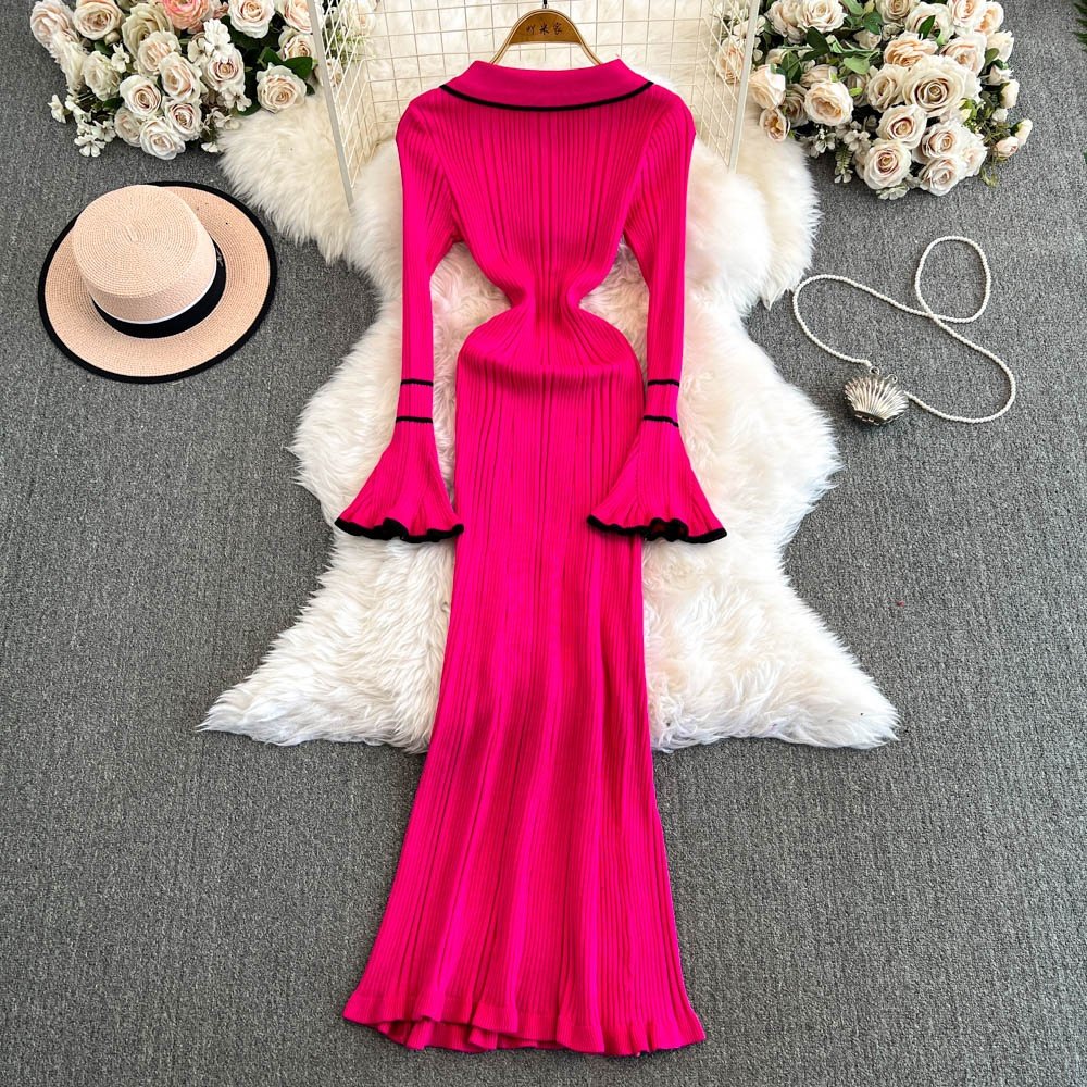 Winter New Polo Collar Knit Dresses Women'S Long Sleeve Fashion Sweater Casual Dresses
