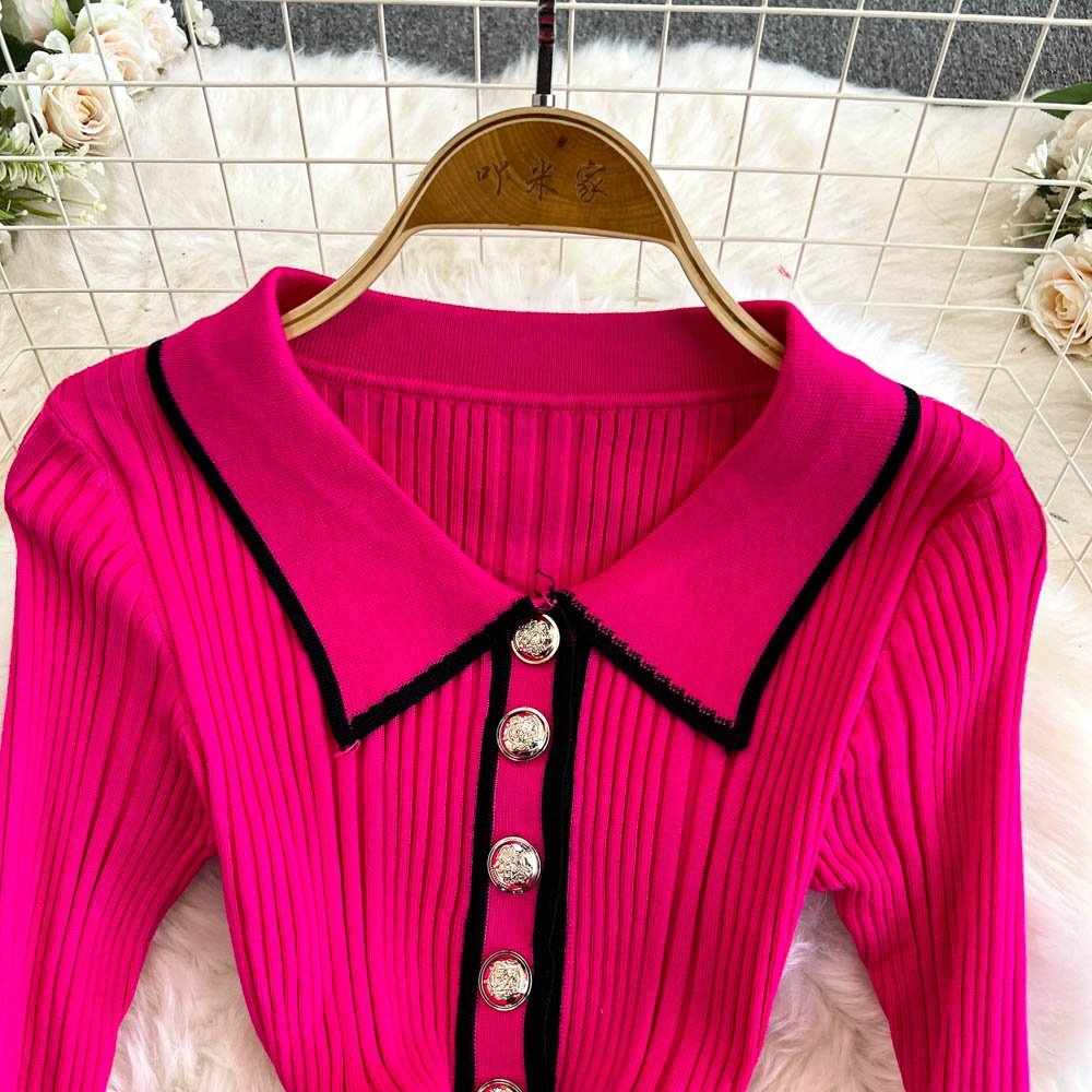 Winter New Polo Collar Knit Dresses Women'S Long Sleeve Fashion Sweater Casual Dresses