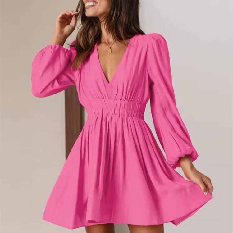 Hot selling fashion and sexy women's V-neck pleated ruffled edge solid color dress in the summer of 2024