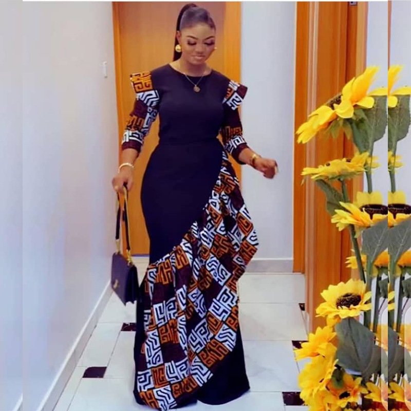 Hot Style Crew-Neck Printing Black Patchwork Long Sleeve Maxi Winter Women Long Dresses