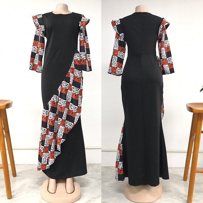 Hot Style Crew-Neck Printing Black Patchwork Long Sleeve Maxi Winter Women Long Dresses
