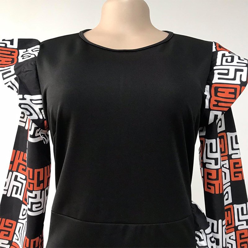 Hot Style Crew-Neck Printing Black Patchwork Long Sleeve Maxi Winter Women Long Dresses