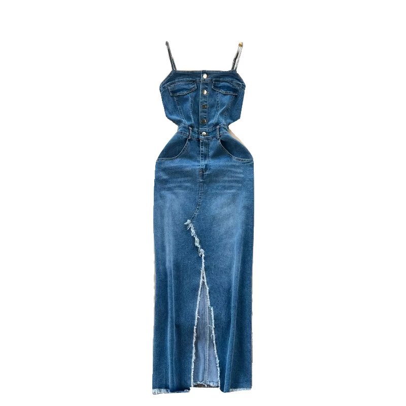 2024 Casual Dress Women High Waist Midi Sheath Dress Ladies Elegant Dresses Clothes Spring Denim Vintage Woven